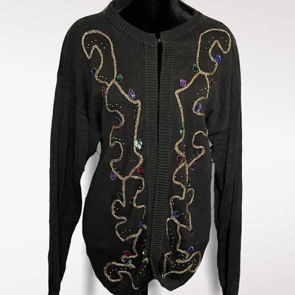 Ugly Christmas Sweater Cardigan One Hook Closure Embroidered Size Medium Rope - Picture 3 of 11